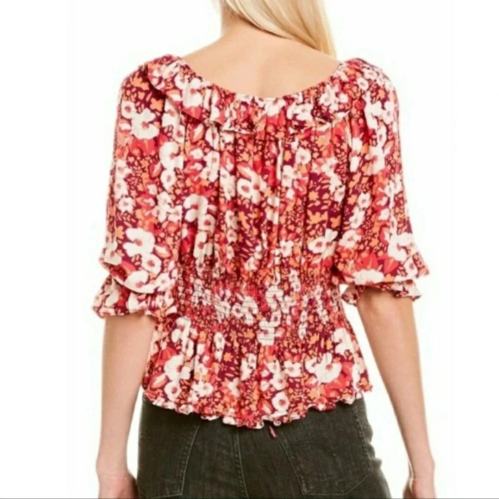 Free People Sweet Memories‎ Pink Multi Floral Print Ruffled Puff Sleeve Top XS